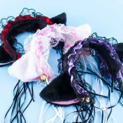 Fluffy Cat Ears Lace Headband With Bells