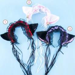 Fluffy Cat Ears Lace Headband With Bells