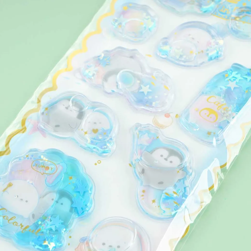 Penguin Colorful Pen Cafe Glitter Water-In Seal Stickers